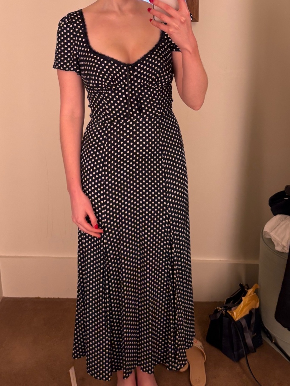Reformation Afton Navy Polka Dot Dress 4